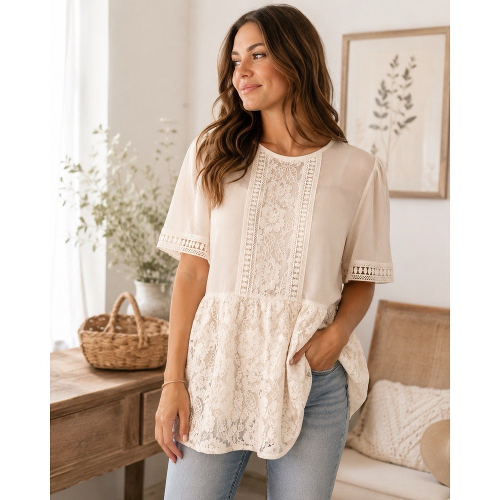 Andrée by UNIT Large Ivory Lace Chiffon Tunic Blouse Boho Romantic Peplum